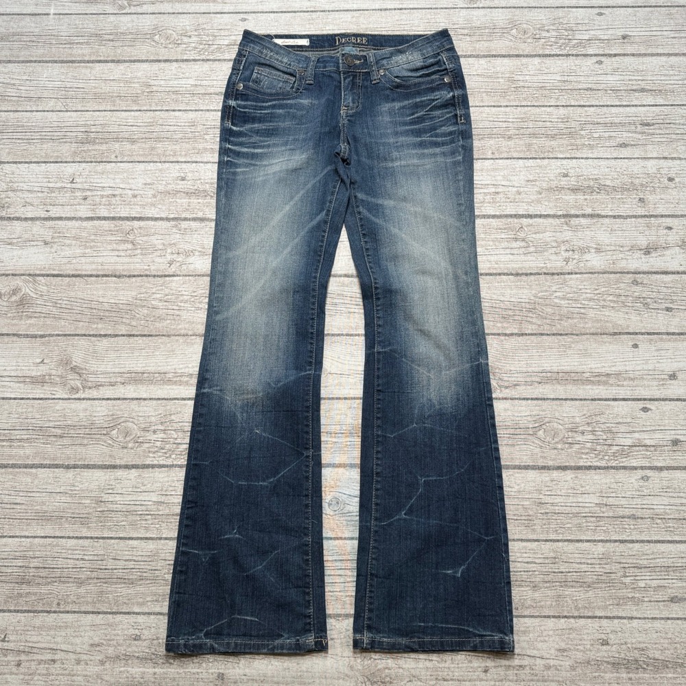 Y2K Decree Jeans Women's 7 Blue Dark Wash Faded Denim Low Rise Bootcut Whiskered